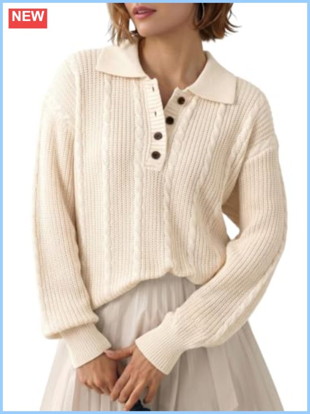 Women's Cable Knit Pullover Sweater with Lapel Collar & Button Front